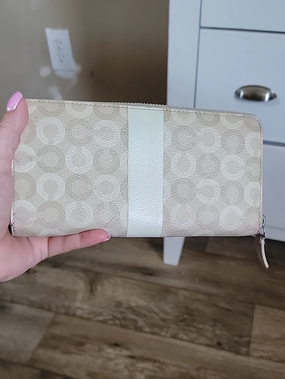 Coach Beige OP Art Signature Zip Wallet with Cream Center Stripe